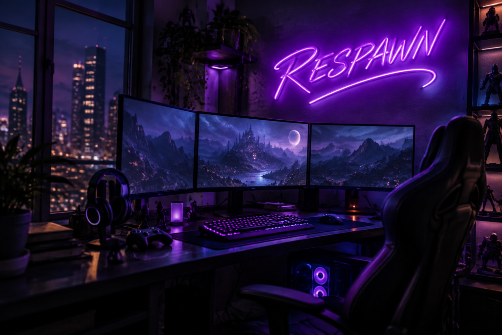 Dark scene with a glowing electric purple neon sign reading RESPAWN