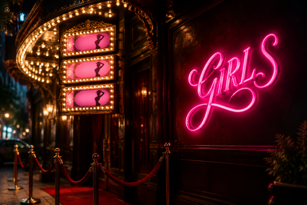 Dark scene with a glowing burlesque pink neon sign reading GIRLS