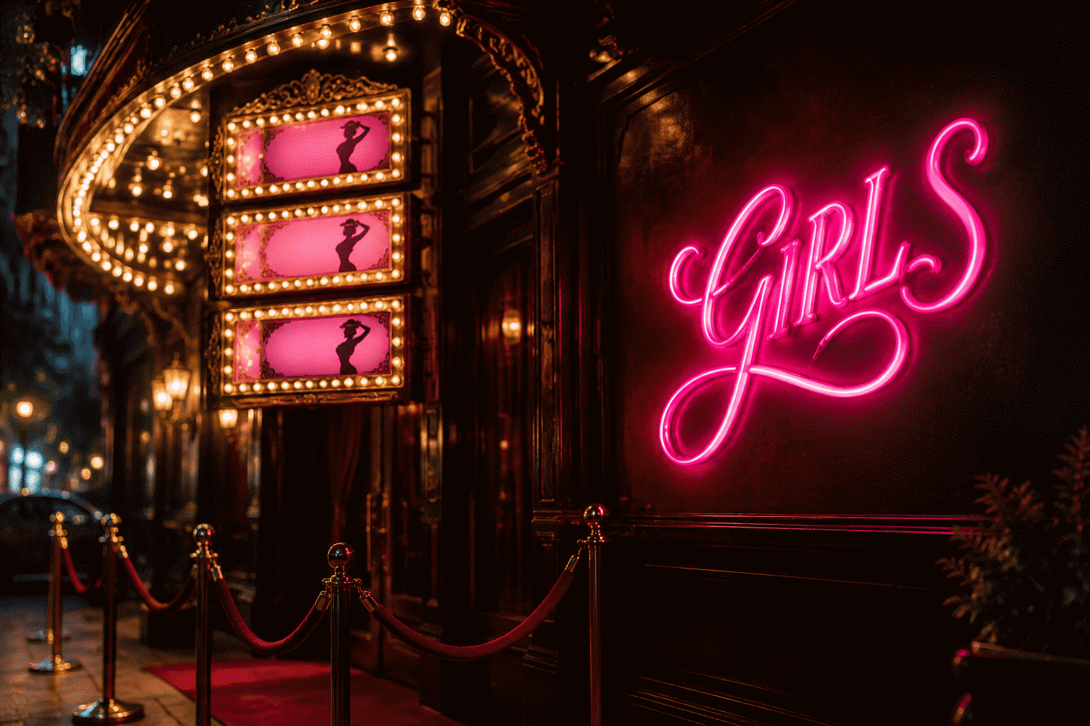Dark scene with a glowing burlesque pink neon sign reading GIRLS