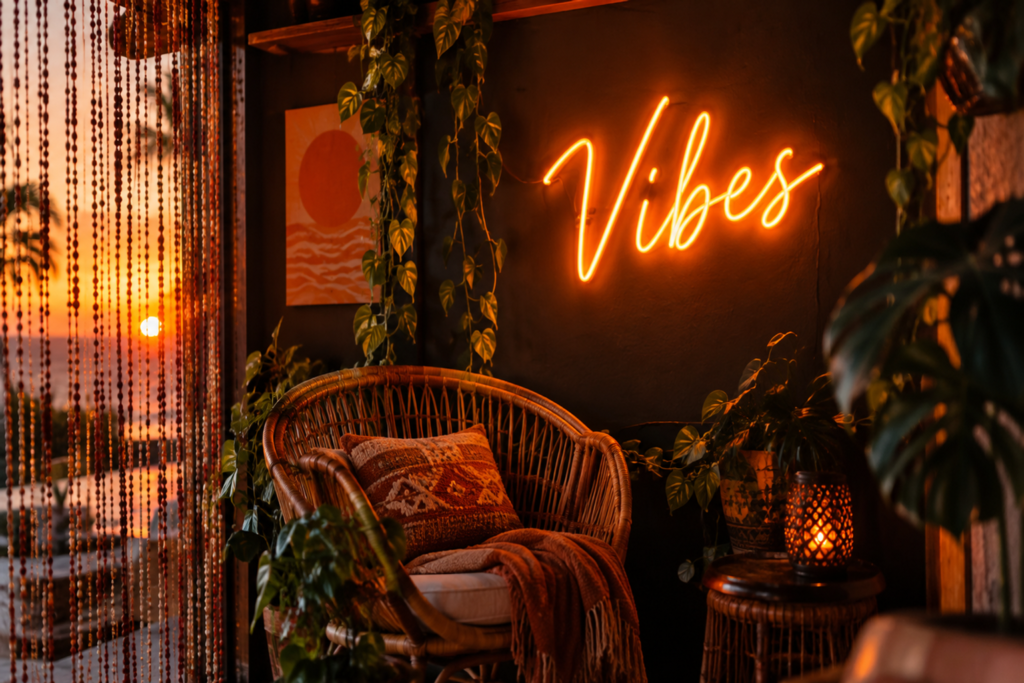 Dark scene with a glowing sunset orange neon sign reading Vibes