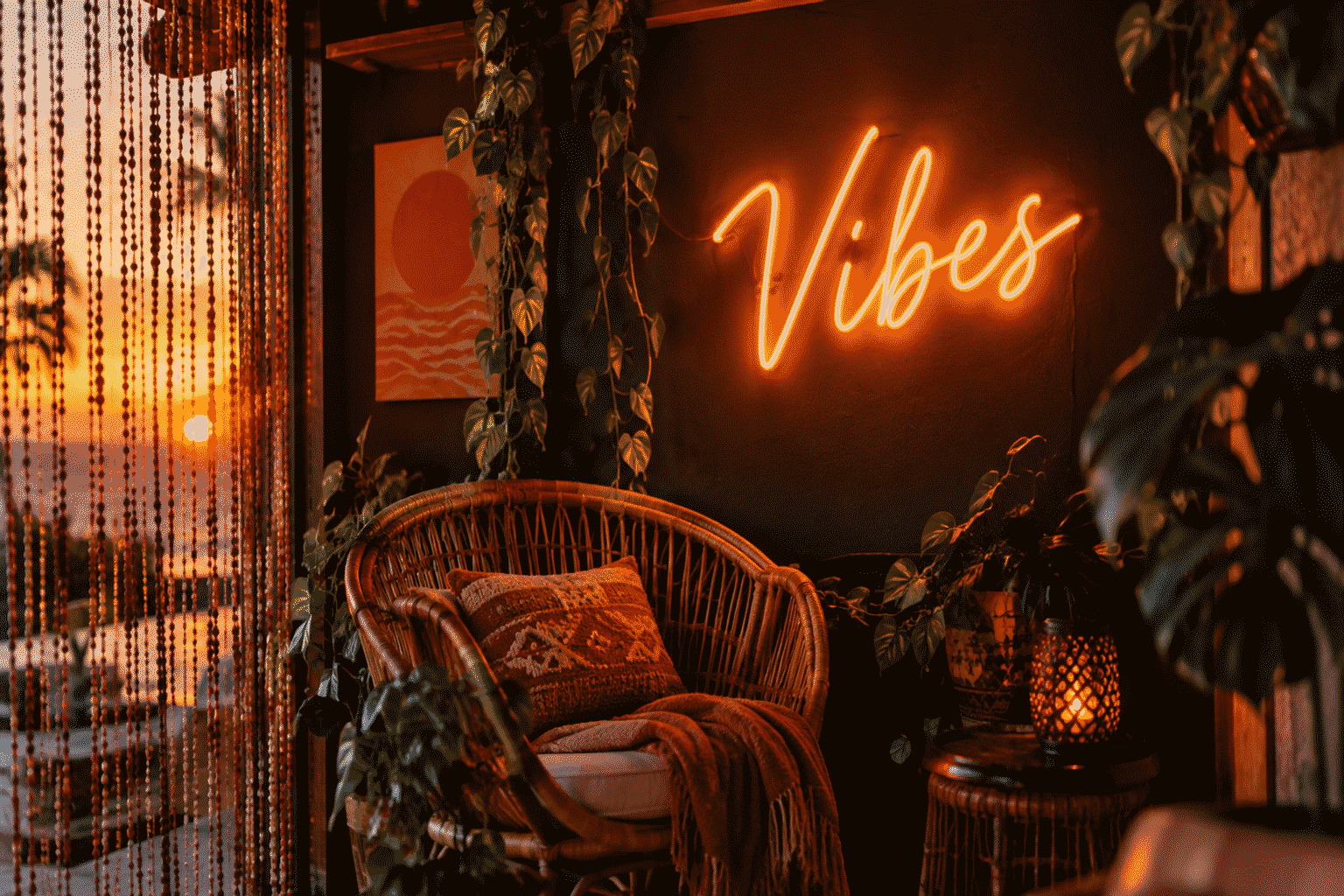 Dark scene with a glowing sunset orange neon sign reading Vibes