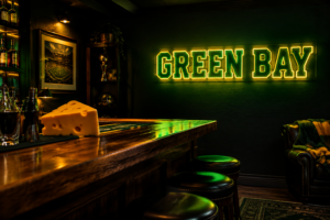 Dark scene with a glowing green and gold neon sign reading GREEN BAY
