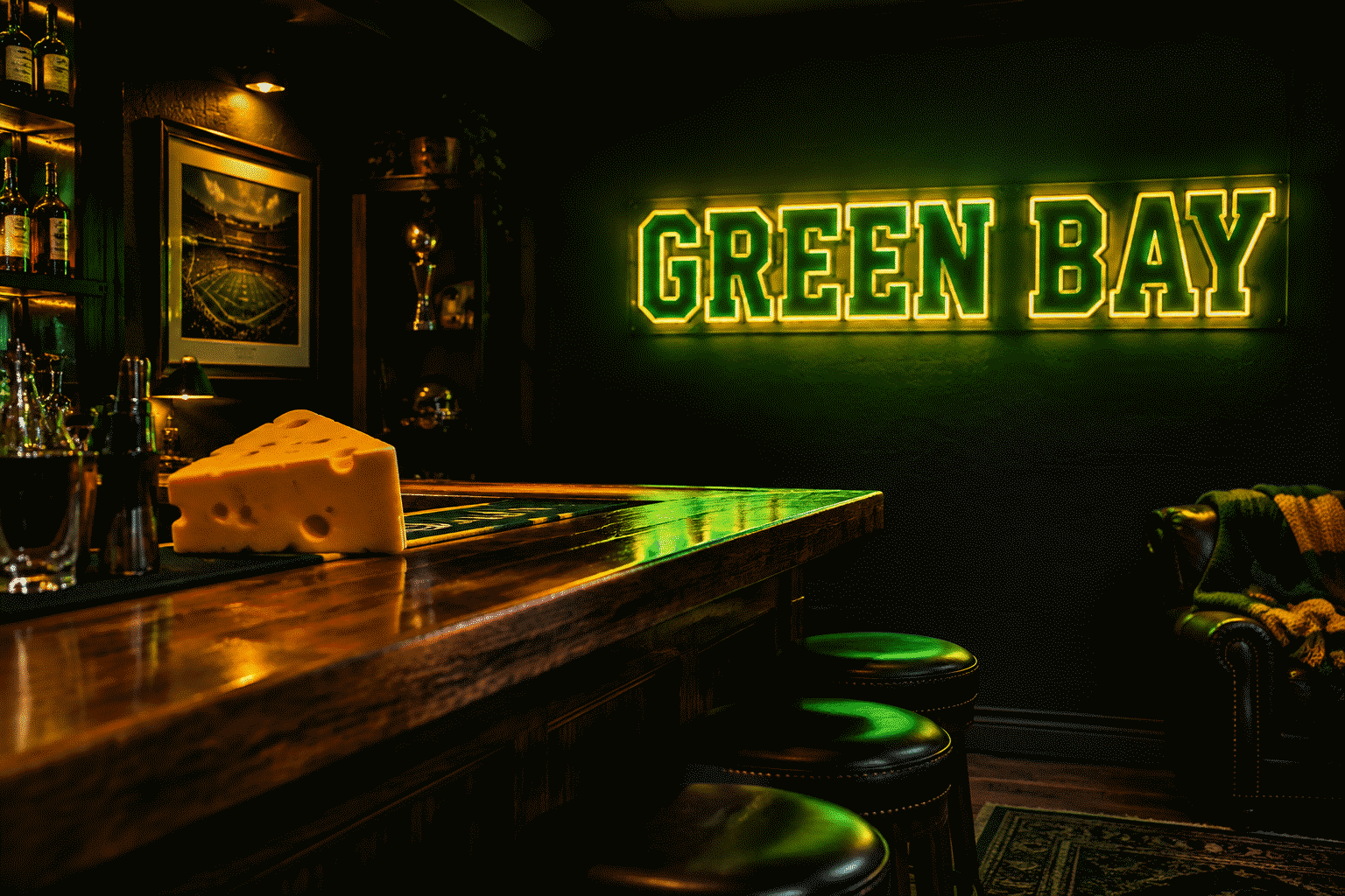 Dark scene with a glowing green and gold neon sign reading GREEN BAY