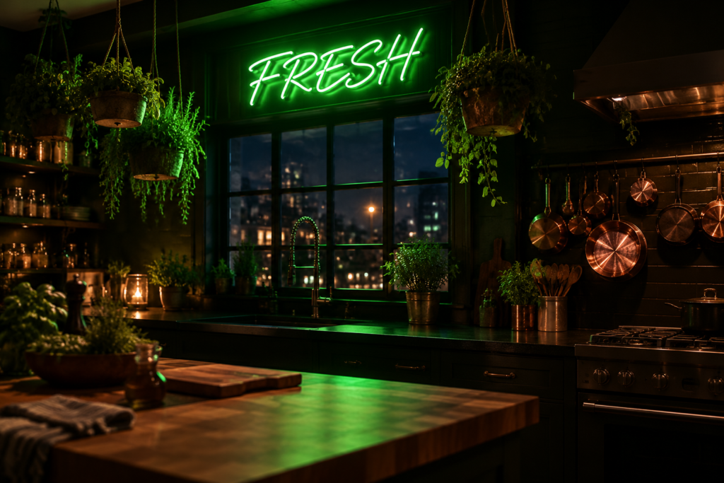 Dark scene with a glowing herb green neon sign reading FRESH