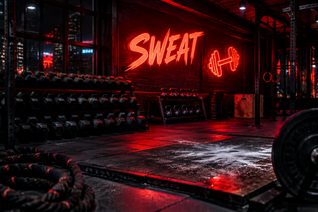 Dark scene with a glowing fiery red neon sign reading SWEAT