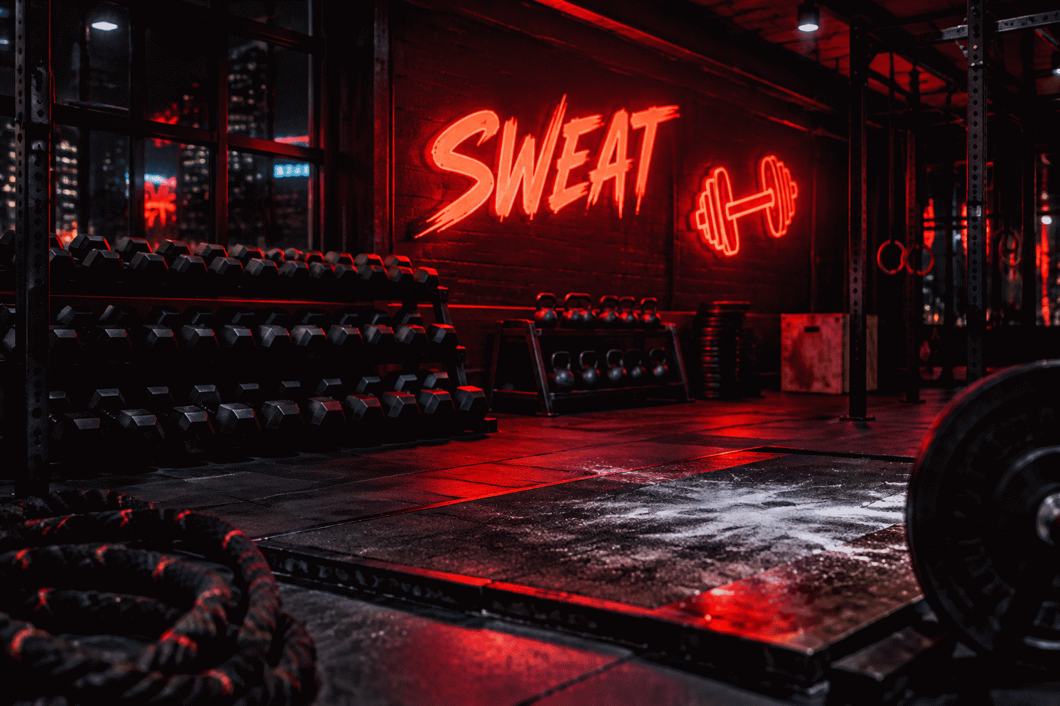 Gym feature wall neon sign — dark scene with a glowing fiery red neon sign reading SWEAT above the training floor