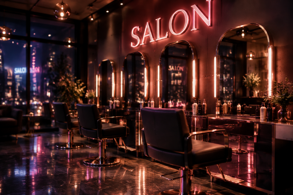 Dark scene with a glowing rose gold neon sign reading SALON