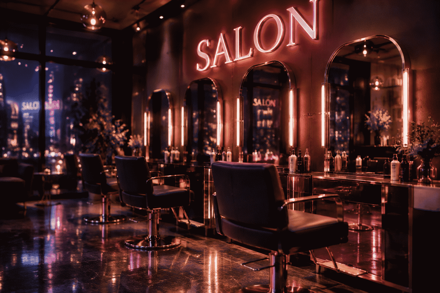 Salon neon sign — dark scene with a glowing rose gold neon sign reading SALON over a styling mirror wall