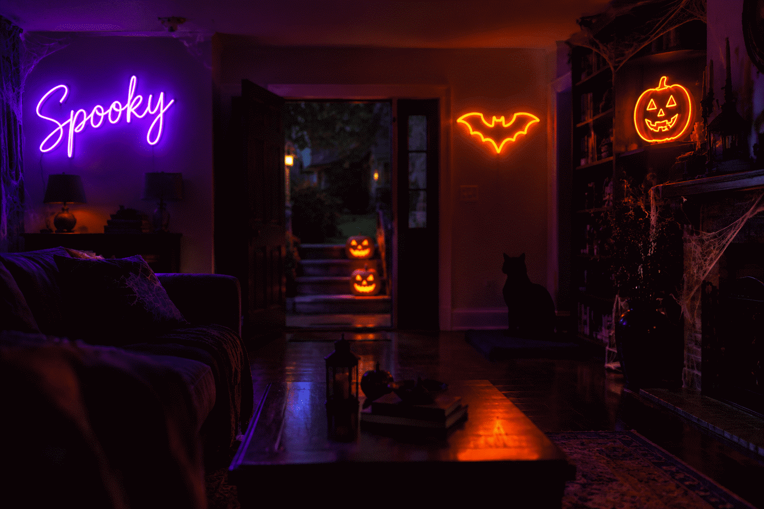 Festive scene with glowing neon signs including the word Spooky