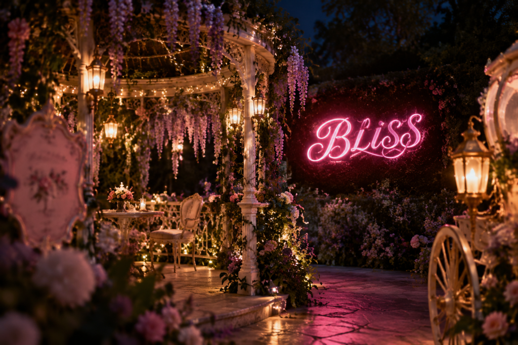 Dark scene with a glowing fairy pink neon sign reading BLISS