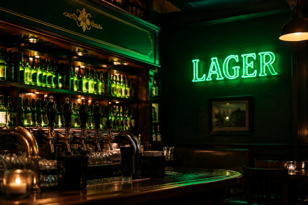 Dark scene with a glowing deep green neon sign reading LAGER
