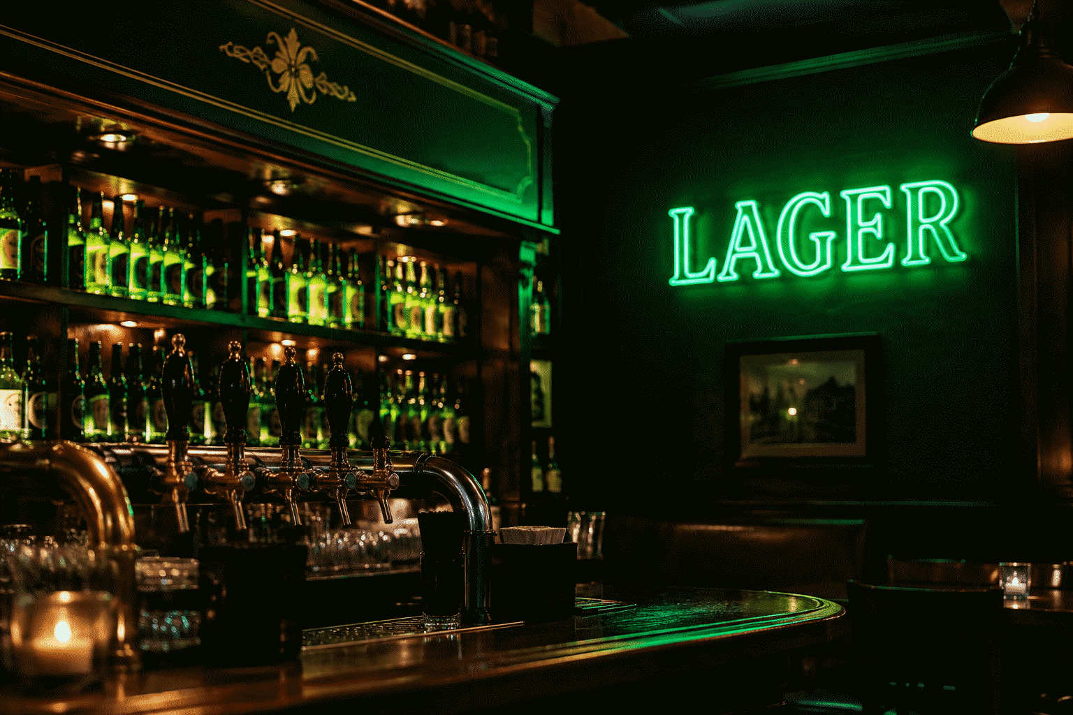 Dark scene with a glowing deep green neon sign reading LAGER