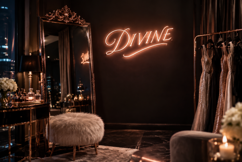 Dark scene with a glowing rose gold neon sign reading DIVINE