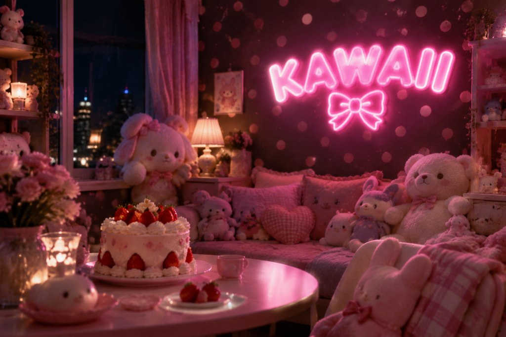 Dark scene with a glowing soft pink neon sign reading KAWAII