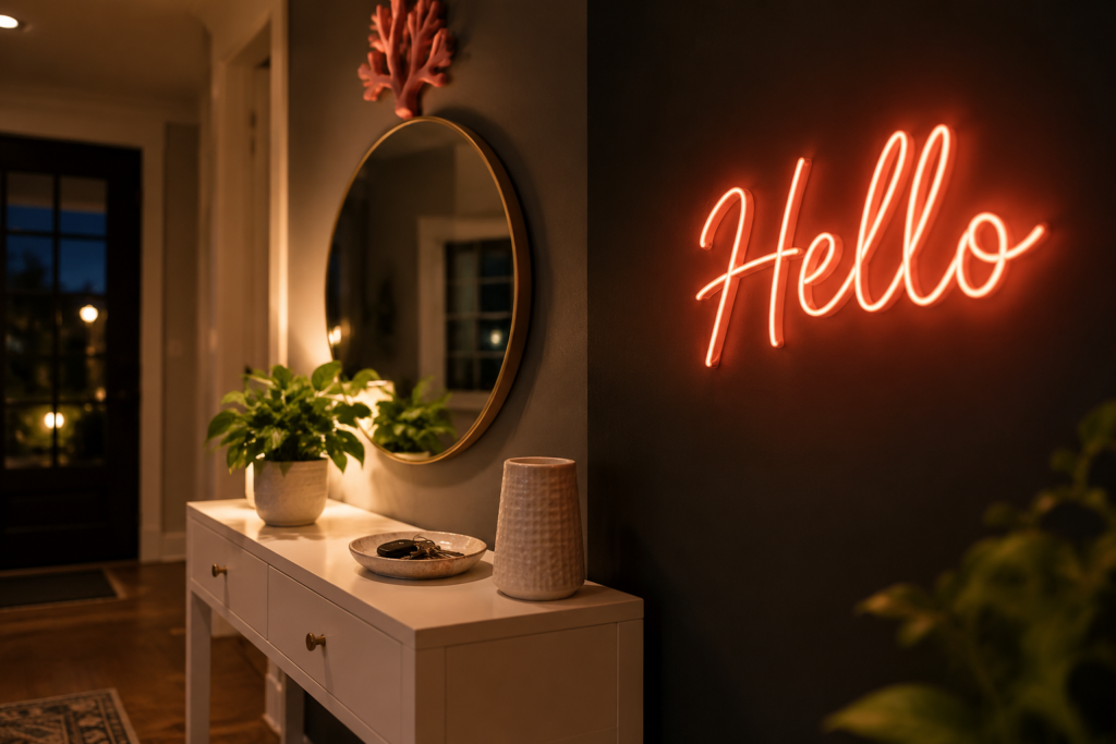 Dark scene with a glowing coral neon sign reading Hello