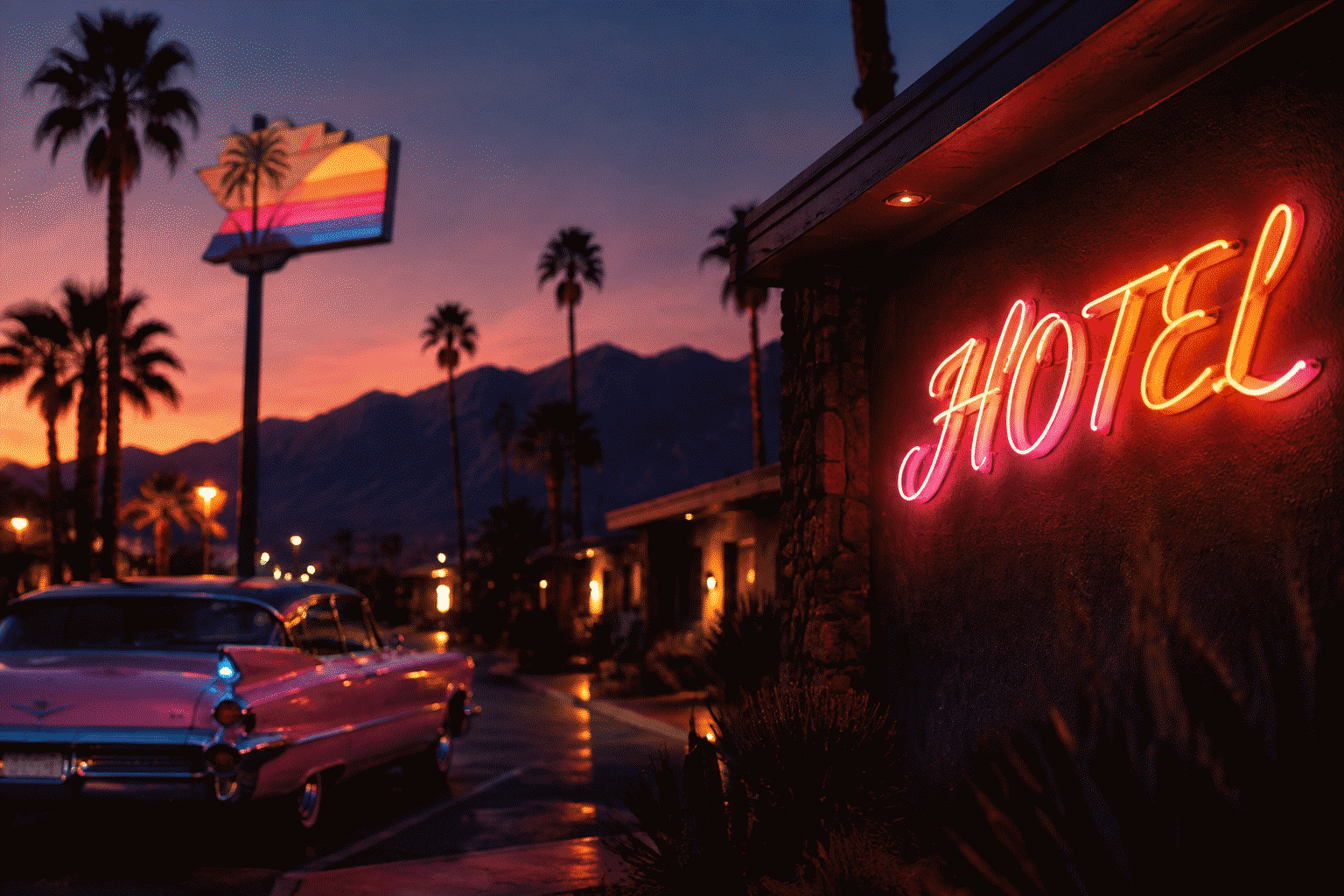 Dark scene with a glowing sunset gradient neon sign reading HOTEL