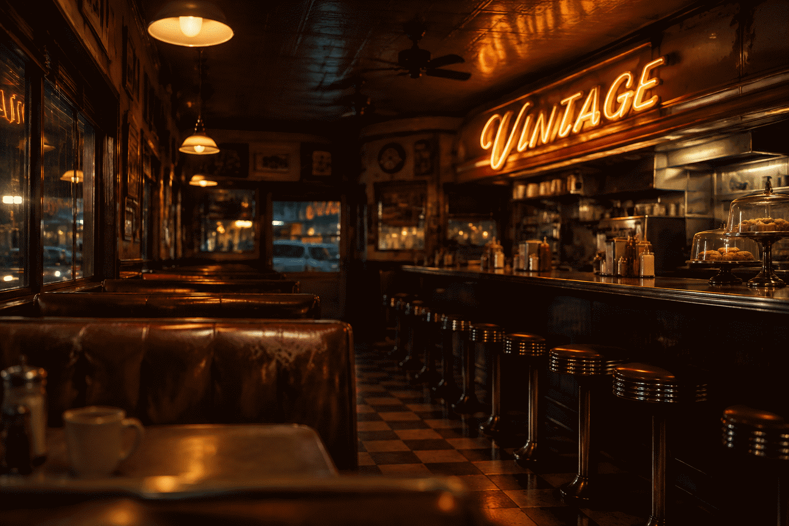 Dark scene with a glowing warm amber neon sign reading VINTAGE