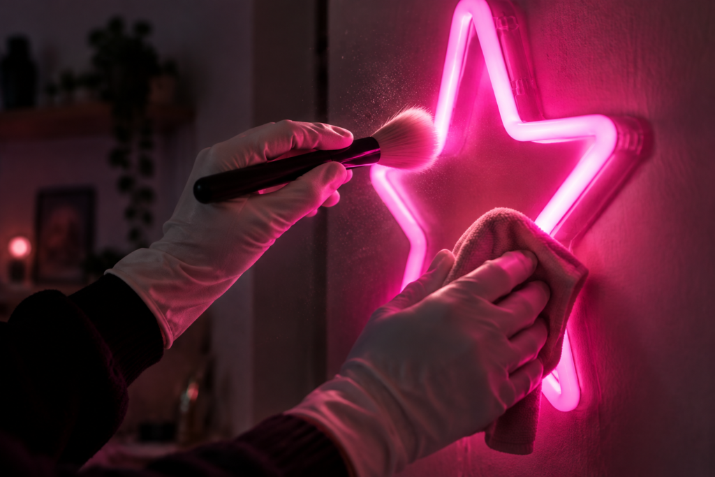 Close-up of hands installing a glowing pink neon sign in a dim room