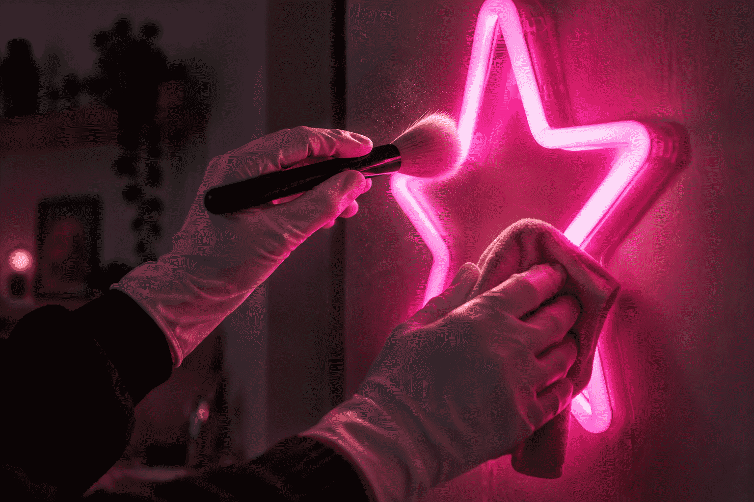Close-up of hands installing a glowing pink neon sign in a dim room