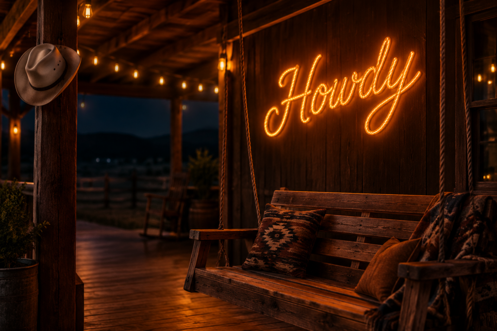 Dark scene with a glowing warm orange neon sign reading Howdy