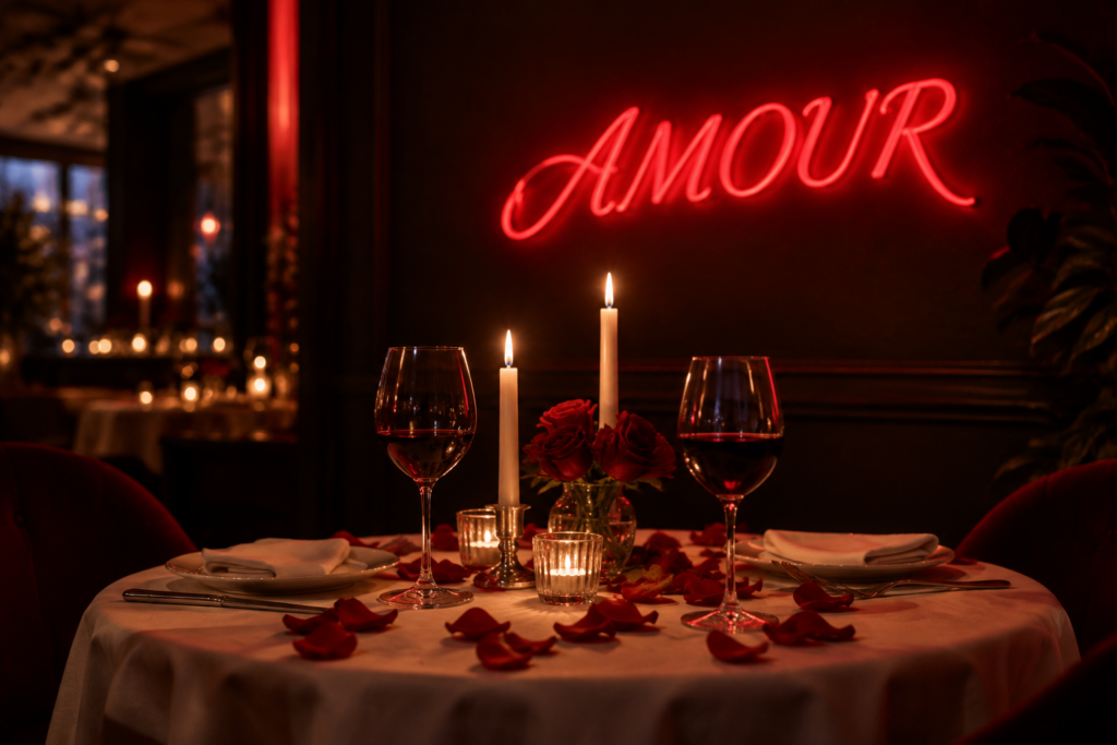 Dark scene with a glowing deep red neon sign reading AMOUR