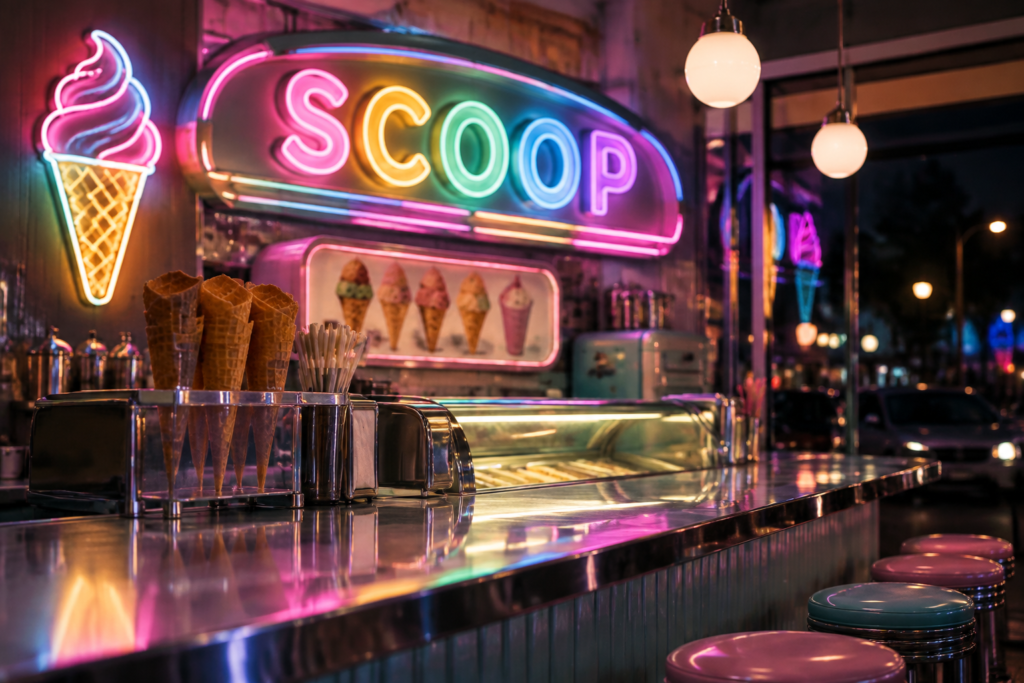 Dark scene with a glowing pastel rainbow neon sign reading SCOOP