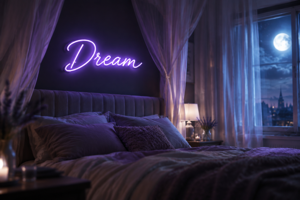 Dark scene with a glowing lavender neon sign reading Dream