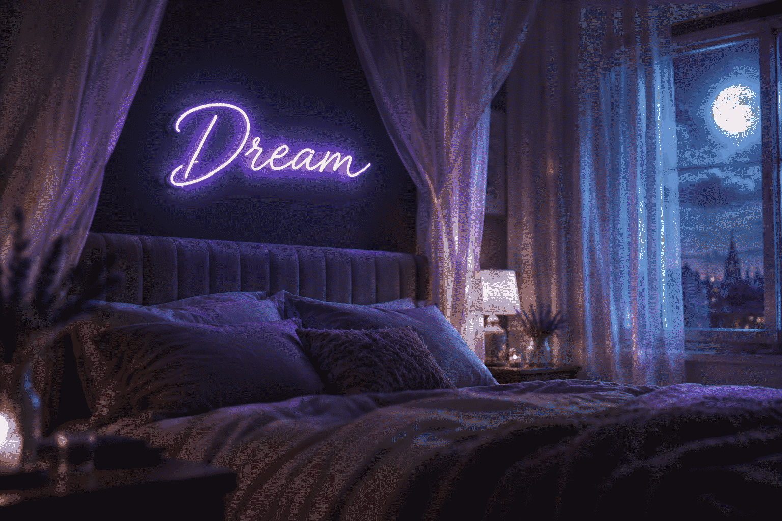 Dark scene with a glowing lavender neon sign reading Dream