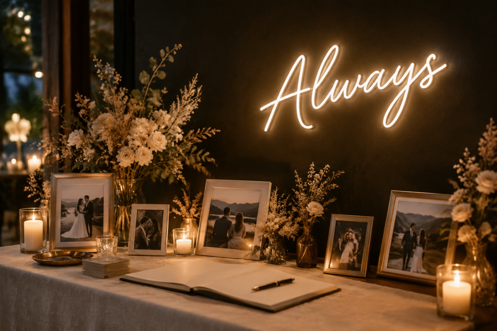Dark scene with a glowing ivory white neon sign reading Always