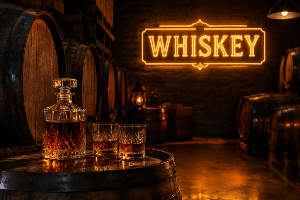 Dark scene with a glowing amber neon sign reading WHISKEY