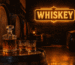 Dark scene with a glowing amber neon sign reading WHISKEY