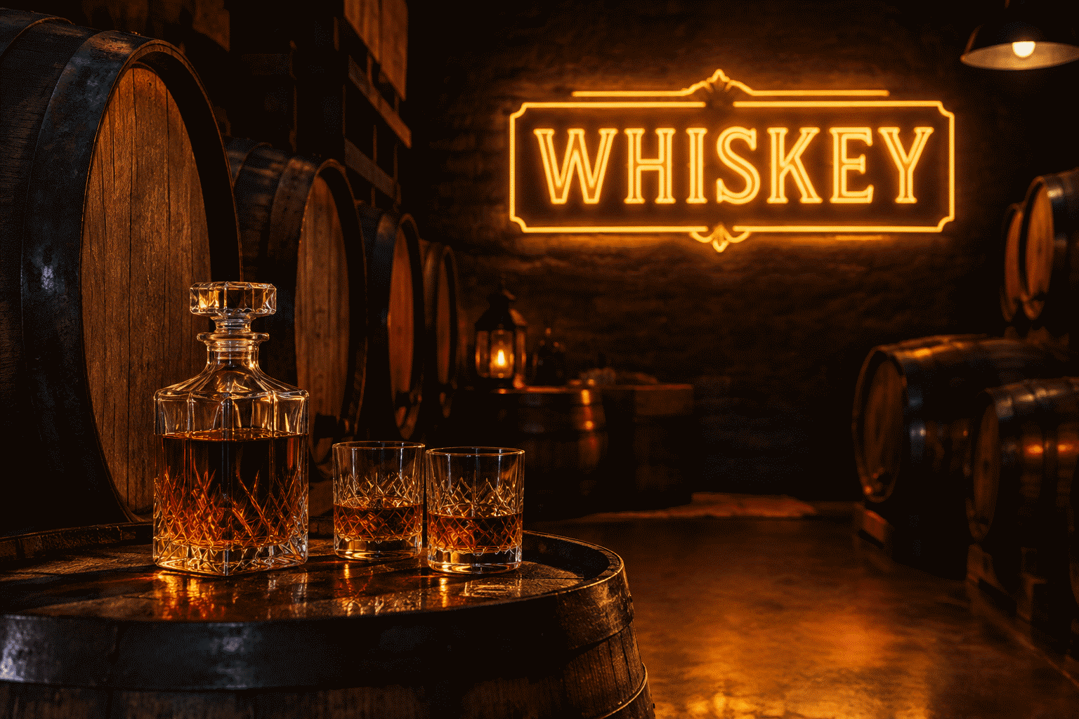 Dark scene with a glowing amber neon sign reading WHISKEY