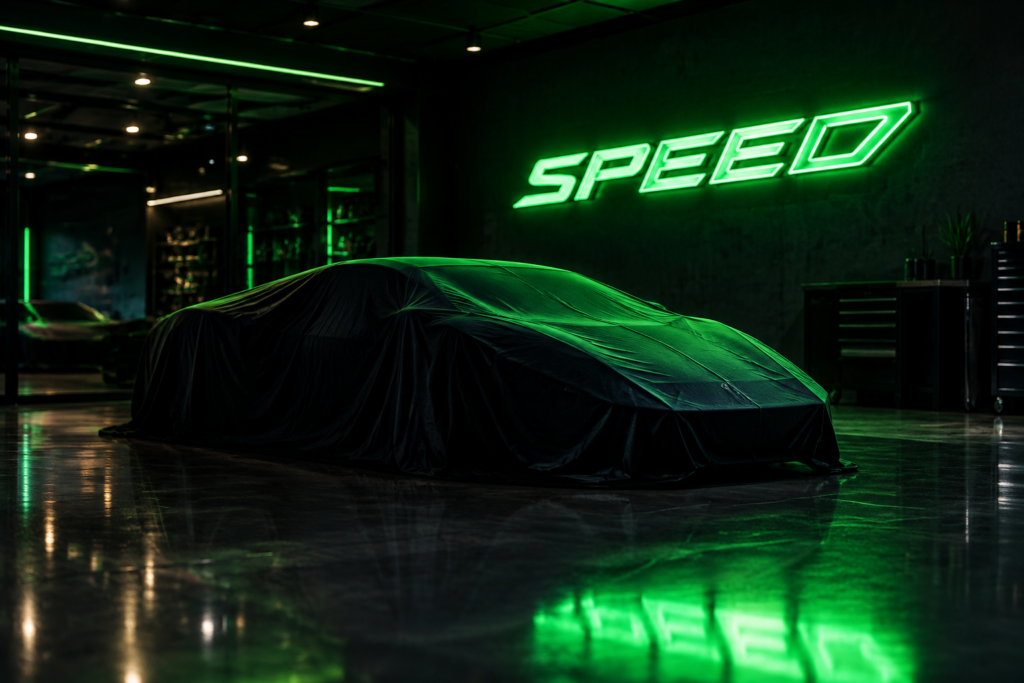 Dark scene with a glowing italian green neon sign reading SPEED