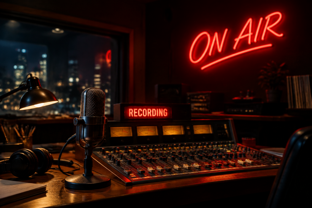 Dark scene with a glowing broadcast red neon sign reading ON AIR