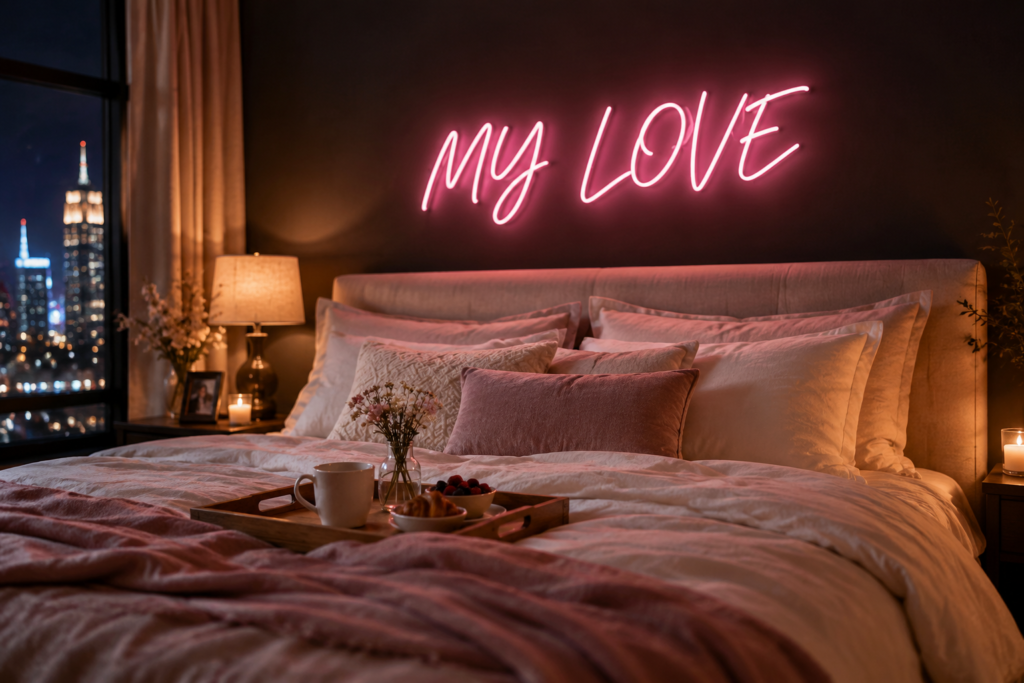 Dark scene with a glowing blush pink neon sign reading MY LOVE
