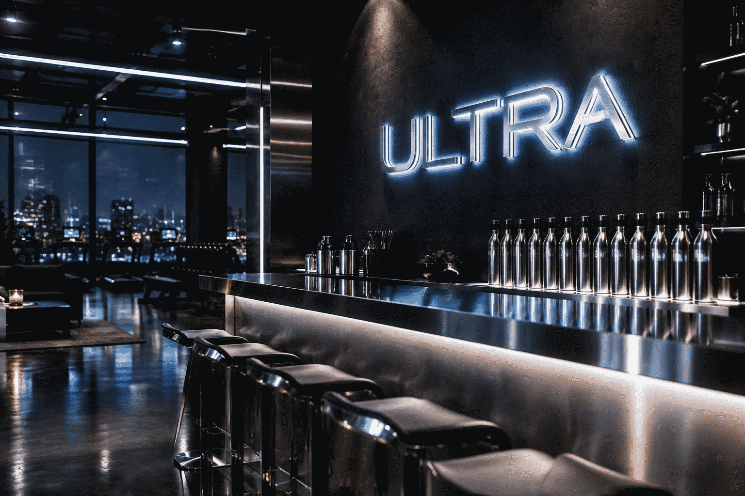 Dark scene with a glowing silver neon sign reading ULTRA