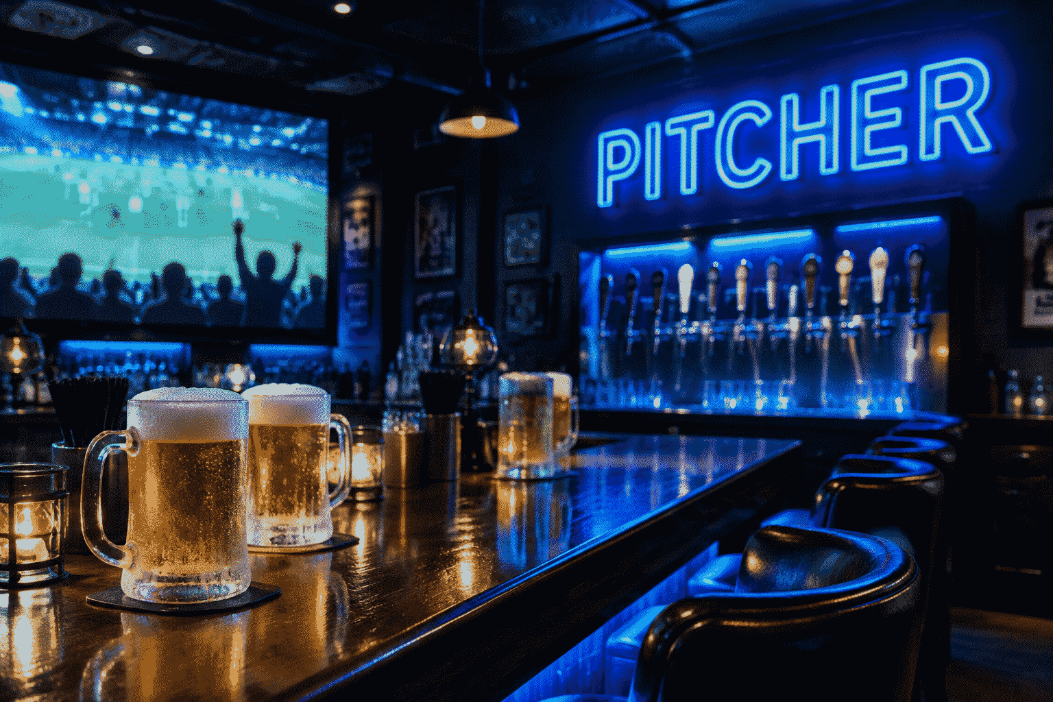 Dark scene with a glowing cool blue neon sign reading PITCHER