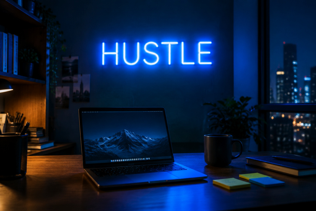 Dark scene with a glowing electric blue neon sign reading HUSTLE