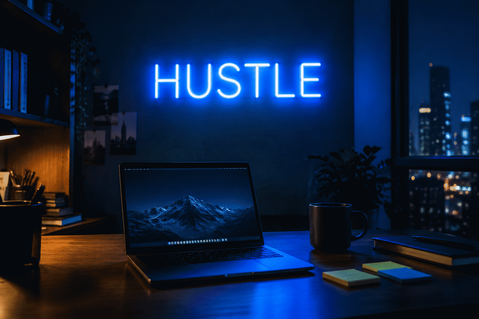 Motivational neon sign quotes — dark scene with a glowing electric blue neon sign, wording example for gym feature walls