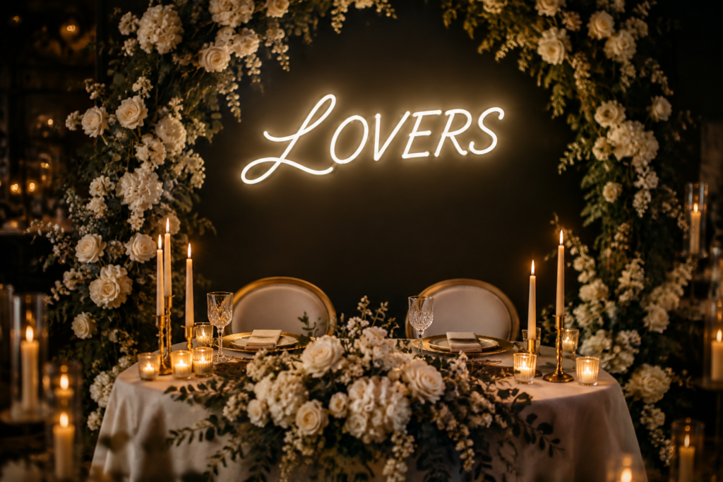 Dark scene with a glowing soft white neon sign reading LOVERS
