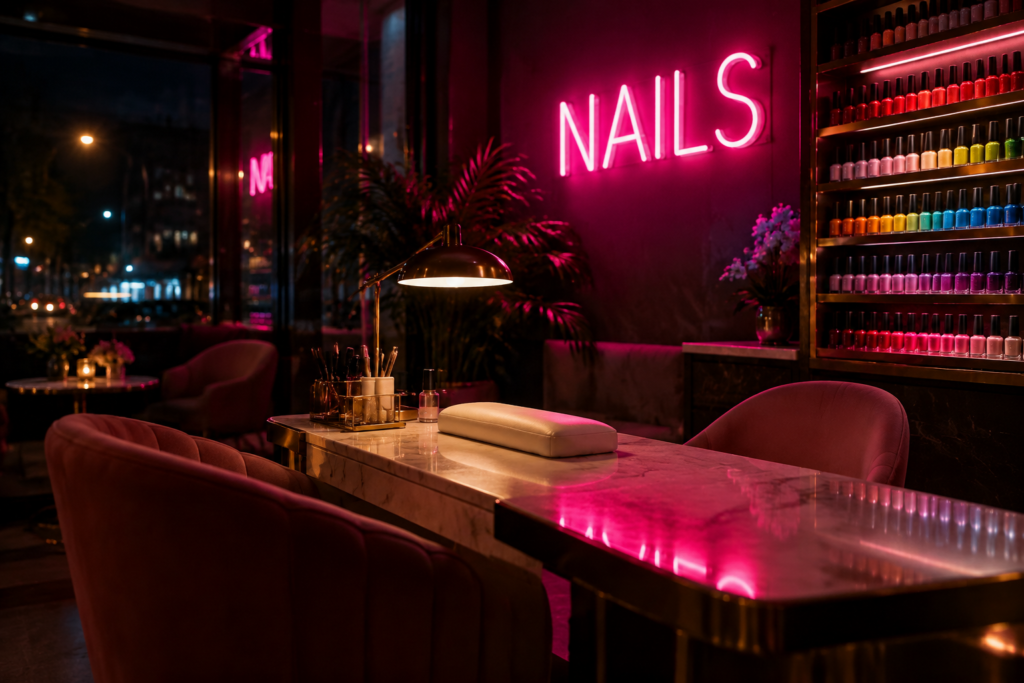 Dark scene with a glowing hot pink neon sign reading NAILS
