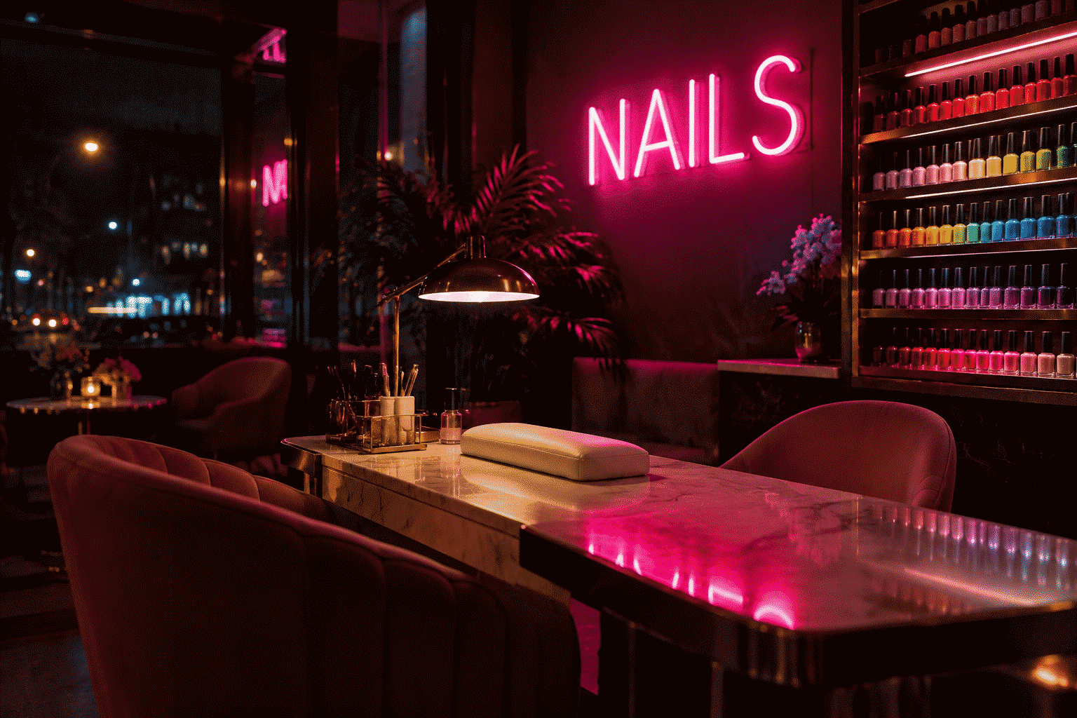 Nail salon neon sign — dark scene with a glowing hot pink neon sign reading NAILS over a manicure table
