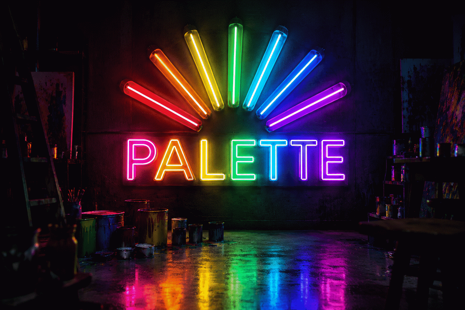 Dark scene with a glowing multicolor neon sign reading PALETTE