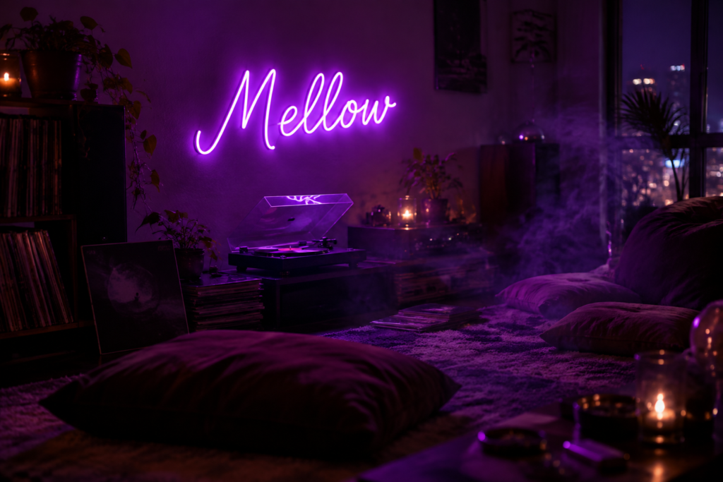 Dark scene with a glowing purple neon sign reading Mellow