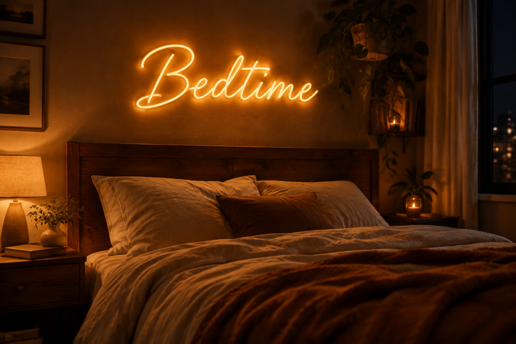 Dark scene with a glowing warm amber neon sign reading Bedtime