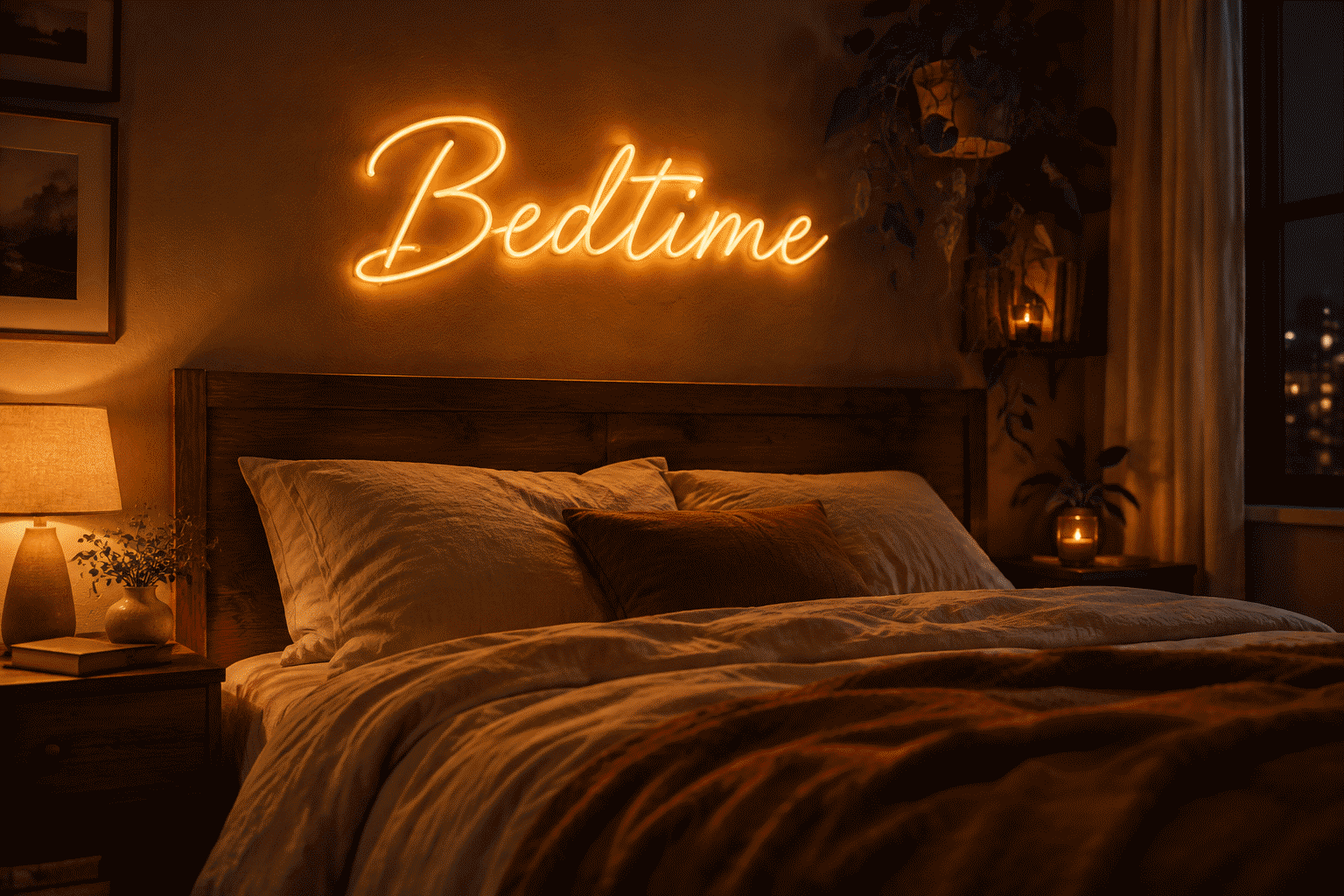 Dark scene with a glowing warm amber neon sign reading Bedtime