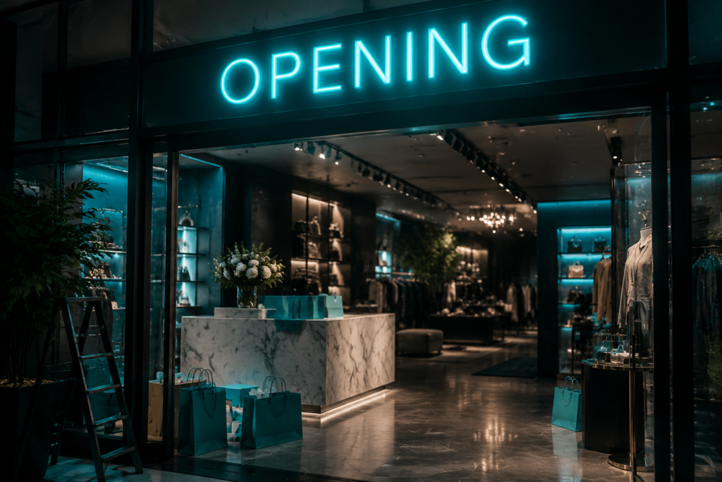 Dark scene with a glowing teal neon sign reading OPENING