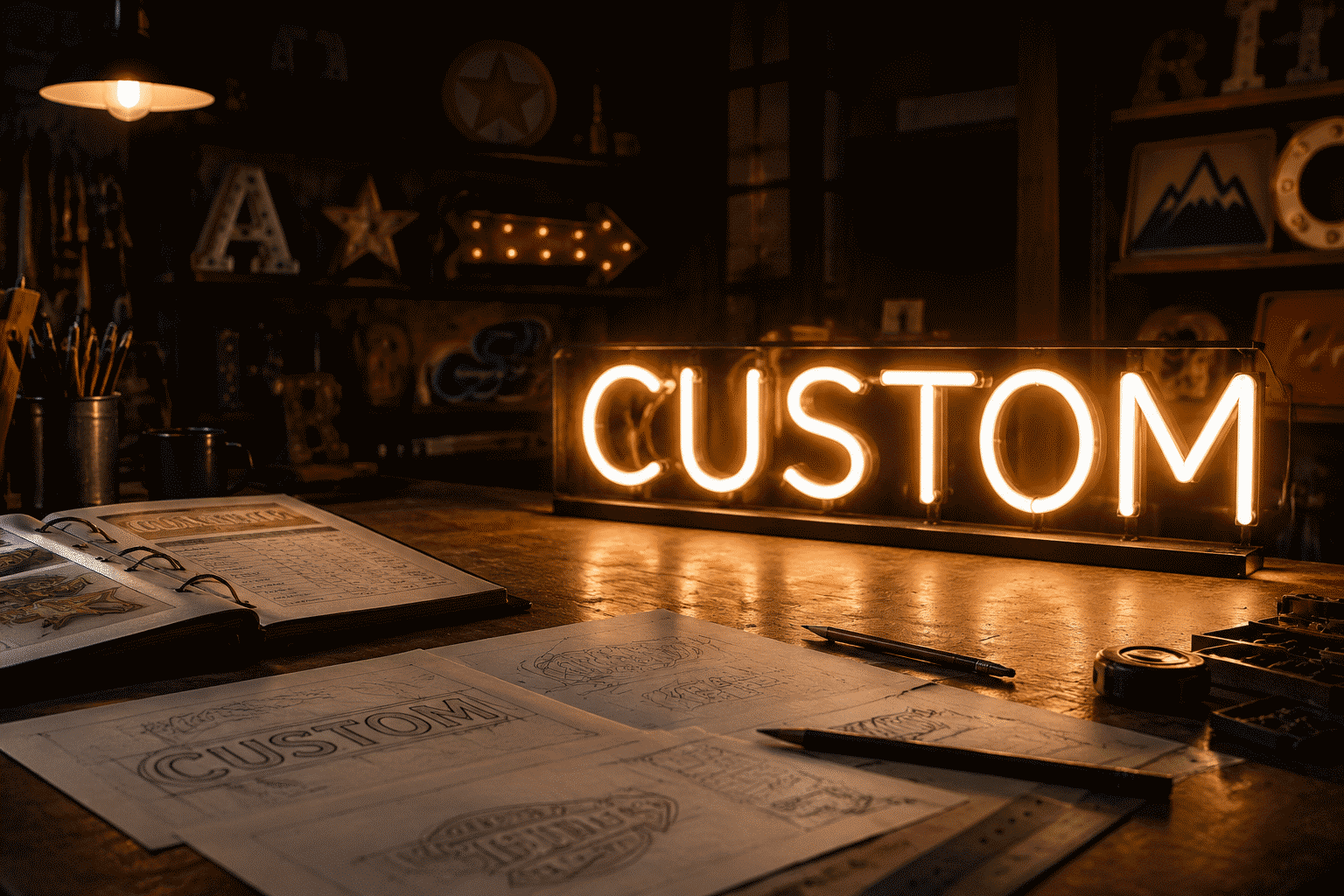 Dark scene with a glowing warm white neon sign reading CUSTOM