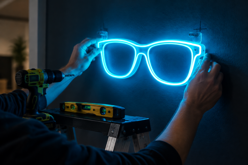 Close-up of hands installing a glowing cyan neon sign in a dim room