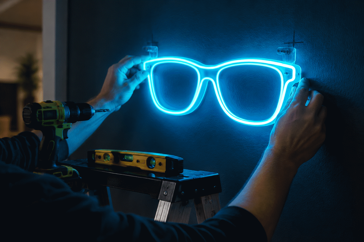 Close-up of hands installing a glowing cyan neon sign in a dim room